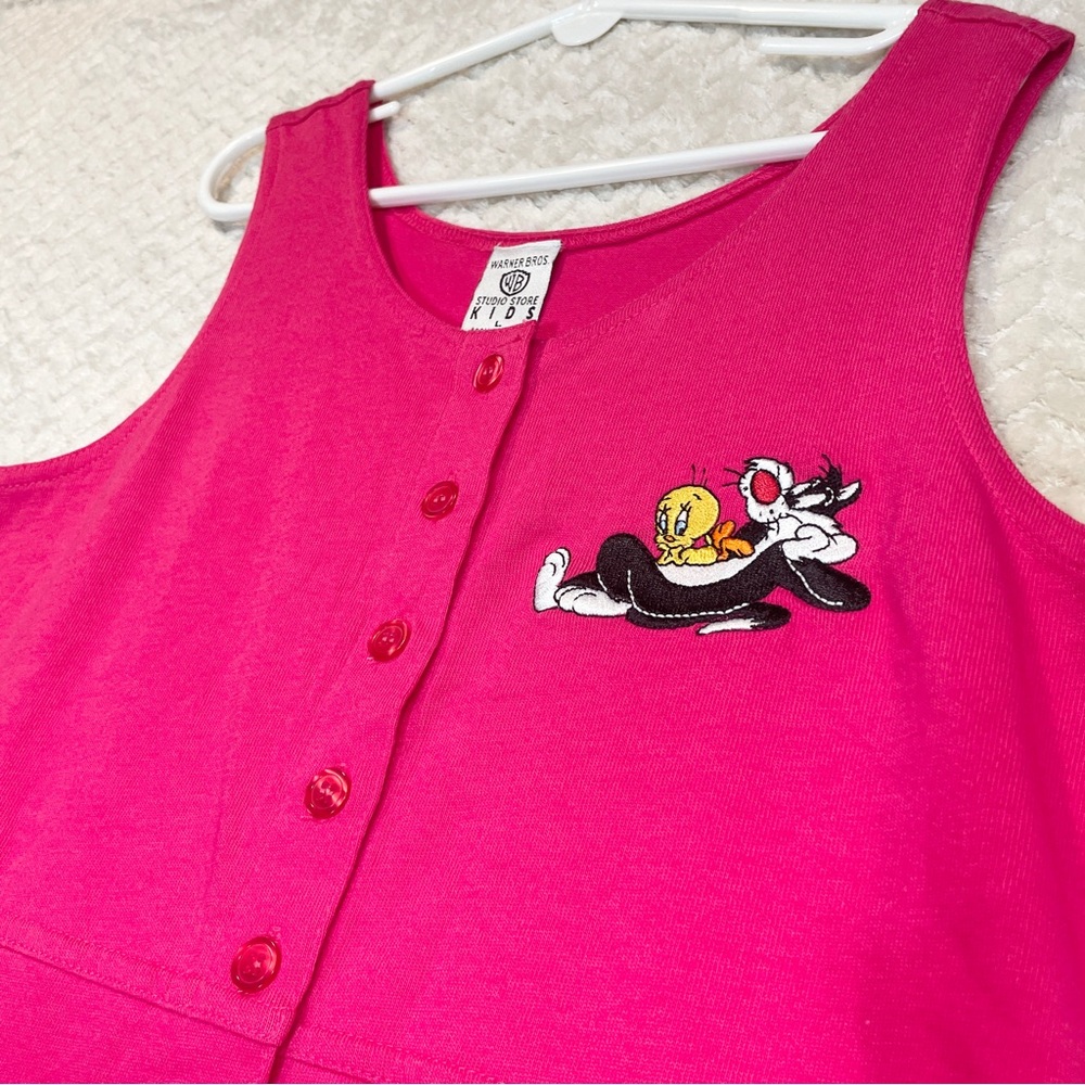 Warner Bros 1994 Looney Tunes Embroidered Pink Romper Girls Large 90s Kidcore - Picture 1 of 12